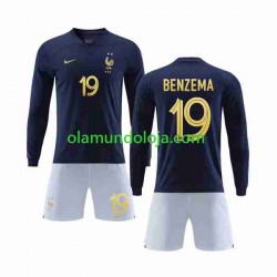 Camisola França Benzema 19 Criança Equipamento Primeiro Copa do Mundo 2022 Manga Comprida